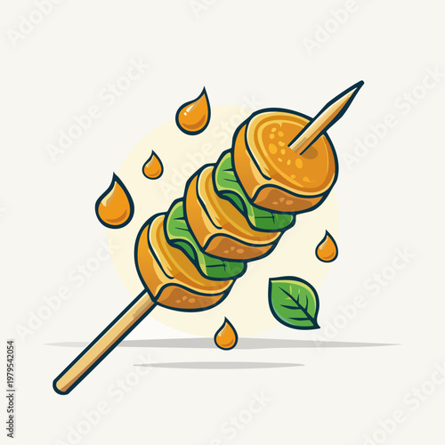 Delicious grilled food on a skewer with green leaves and savory sauce drops, an appetizing illustration.