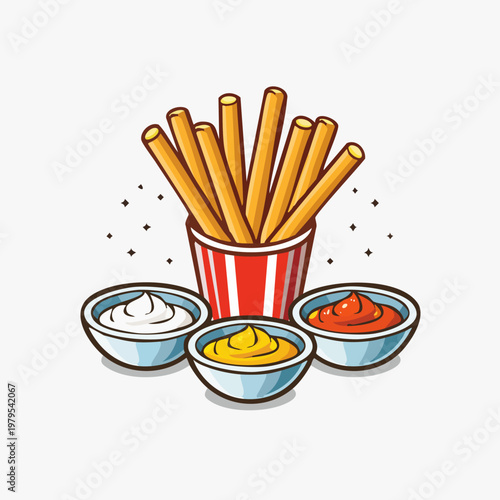 Cartoon illustration of crispy golden french fries in a striped cup with various dipping sauces