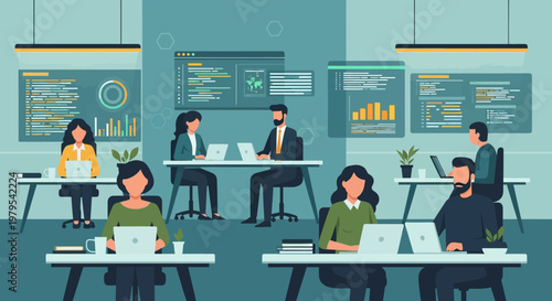 Diverse team working in modern office with data analytics screens