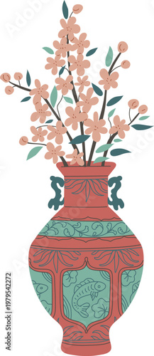 Elegant traditional Asian vase with flowers, vector porcelain vintage oriental pottery floral ornament pattern with fish