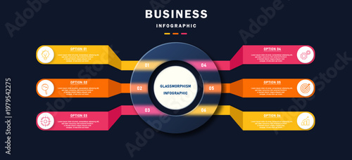 Modern business infographic template featuring six options connected to a central glass-style circle. Clean ribbon layout with vibrant gradient colors