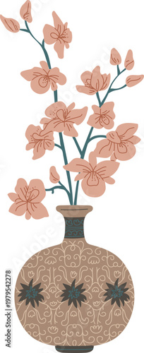 A round oriental vase, brown in color, with an abstract pattern and a branch of flowers.