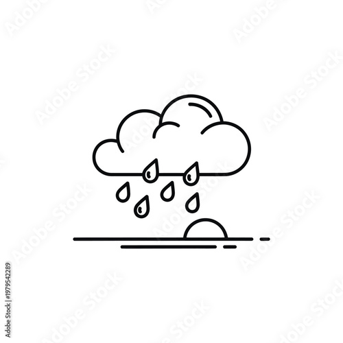 A simple line drawing of a rainy cloud with droplets falling into a puddle