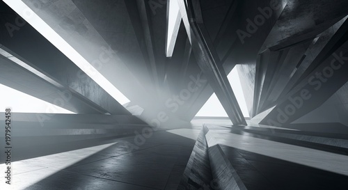 Abstract architectural design with geometric shapes and bright light.