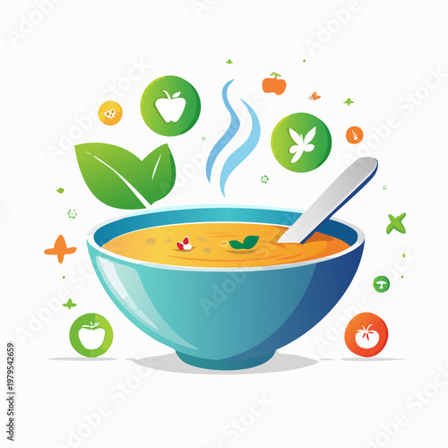 Healthy vibrant soup illustration with fresh ingredients and steam, promoting nutritious eating and well-being.