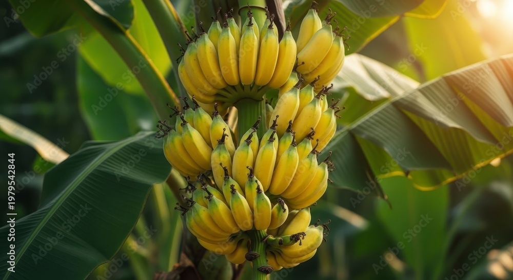 Naklejka premium Close-up of ripe yellow banana bunch on tree with sunlight filtering through leaves