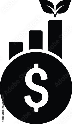 Eco friendly finance growth, sustainable investment, money and leafy progress, green economy vector icon