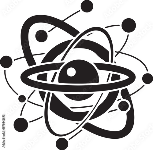 Black and white atomic structure, science symbol, vector icon, educational illustration
