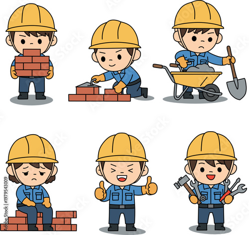 Cute Construction Workers Cartoon Set Builder Characters