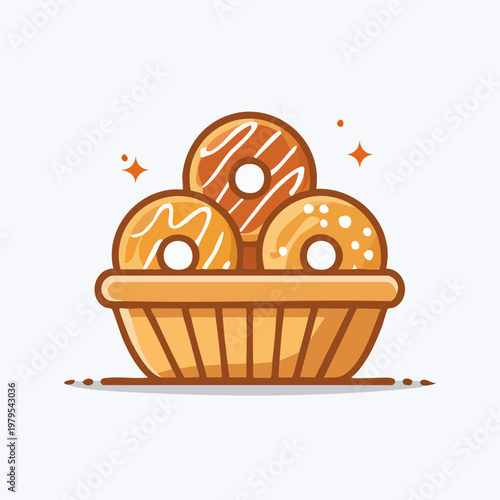 Delicious cartoon donuts with various toppings in a basket on a clean white background