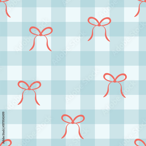A cute seamless pattern with pink bows on a blue checkered background. A flirty, aesthetic vector illustration. A sweet vichy check pattern for children's parties, nurseries, and kitchen textiles. 
