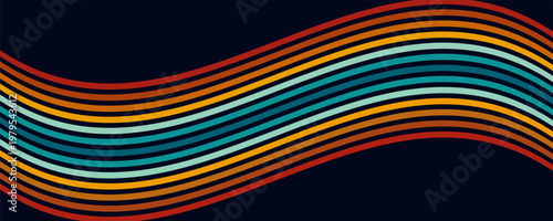Latar belakang abstrak dari desain Garis Bergelombang pelangi pada tahun 1970-an bergaya Hippie Retro. Pola vektor siap digunakan untuk kain, tekstil, bungkus dan lainnya.