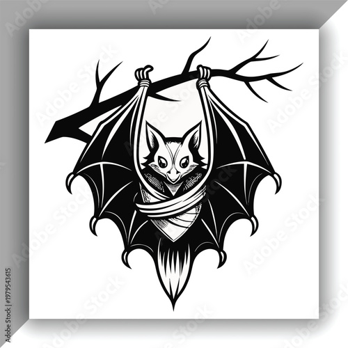 Hanging Bat Silhouette Illustration – Minimal Black & White Nature Design
