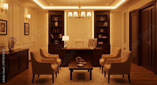 Elegant Office Interior with Classic Furnishings and Lighting.