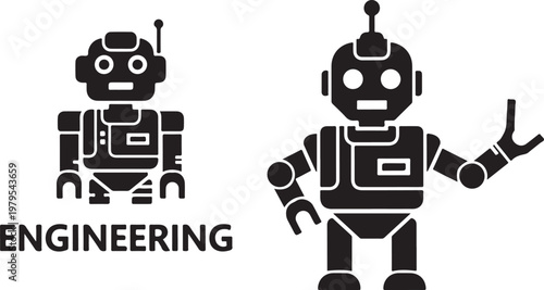 Robot icons, engineering robots, black vector illustrations, industrial machines, mechanical designs