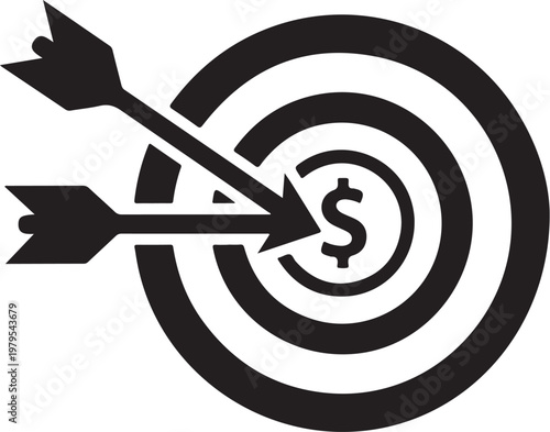 Business target, financial goal, dollar sign, arrow hitting bullseye, vector icon