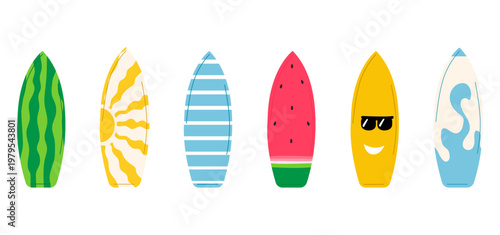 Set of colorful surfboards with creative designs. Watermelon, sun, stripes and smiley face surf boards collection