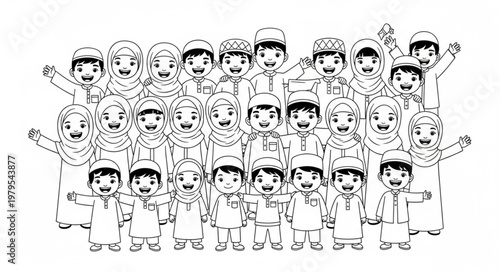 Group of Muslim children in traditional attire, smiling and posing together.