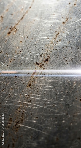 Close-up of a scratched metal surface with dirt and imperfections.