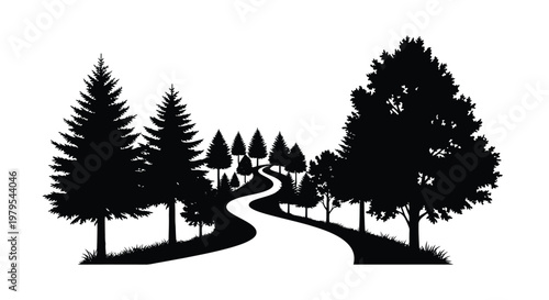 A winding path through a forest rendered as a striking silhouette