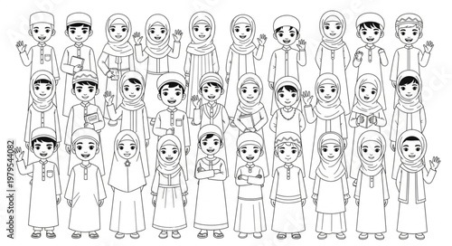 Group of Muslim children in traditional attire, smiling and posing.