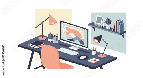 Modern Home Office Desk with Computer, Lamp, Chair and Books - Vector Illustration