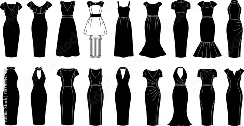 Black silhouette vector illustration of diverse dress icons with varied necklines, sleeves, and skirt styles, decorative minimal composition