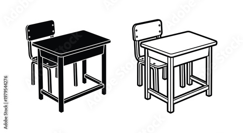 Two school desks one black and one white in contrasting silhouette