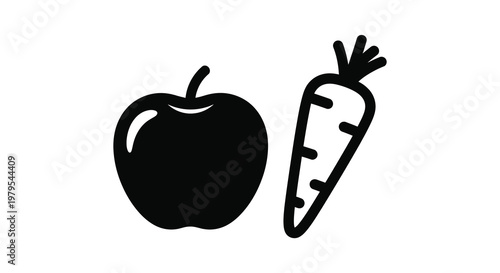 Black silhouettes of an apple and a carrot against a white background