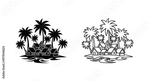 Tropical island scene with houses and palm trees black silhouette