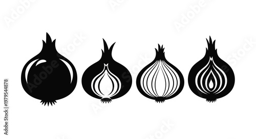 Four black onion shapes displayed in a graphic design silhouette