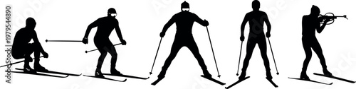 Black silhouette vector illustration of skiing and biathlon icons, winter sports motion symbol set, athletic design element, decorative minimal composition