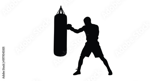 Boxer powerfully punches a hanging heavy bag in dark silhouette