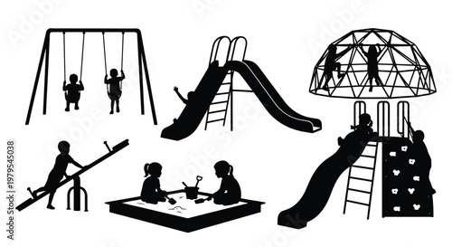Playground equipment and children s activities depicted in a dark silhouette