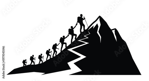 Teamwork and support depicted with climbers ascending a mountain silhouette