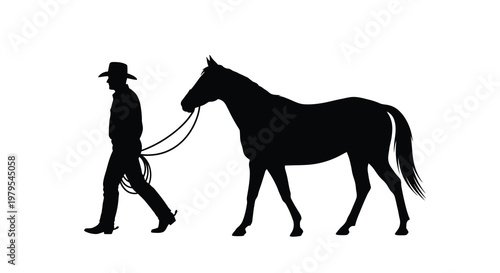 Cowboy leading a horse across a plain stark black silhouette