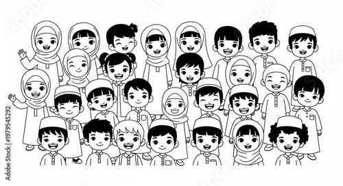 Group of Muslim children in traditional attire smiling together.