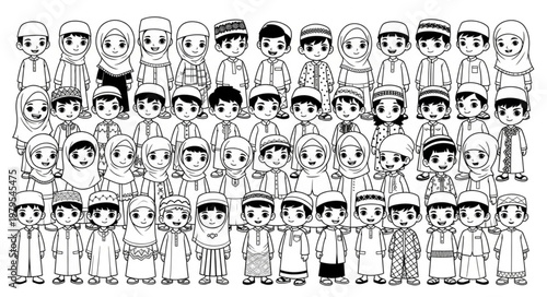 Group of Muslim Children in Traditional Attire Standing Together.