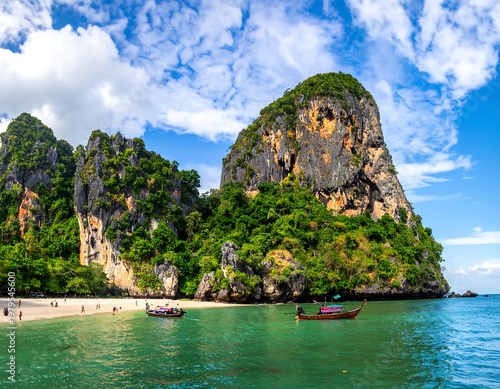 Lush tropical seascape featuring a sandy beach, turquoise waters, towering limestone cliffs and vibrant blue sky with fluffy clouds