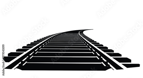A curving railroad track extending into the distance silhouette