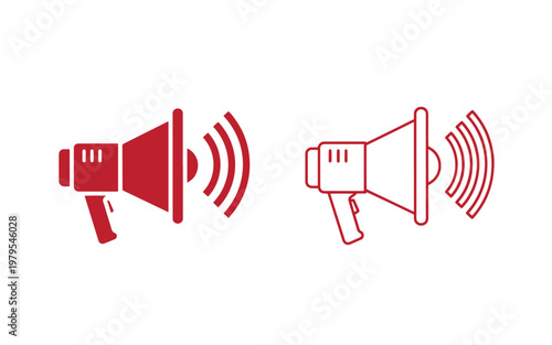 Red megaphone with sound waves, announcement symbols megaphones loudspeaker loudspeakers