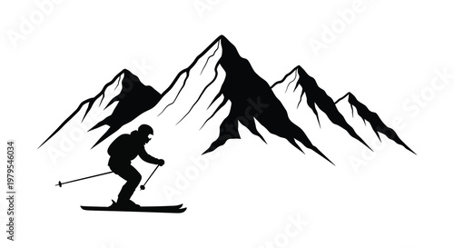 Skier descending a mountain range a striking black silhouette