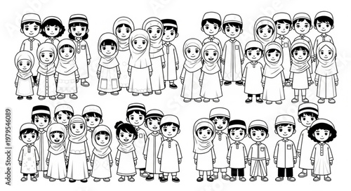 Group of Muslim children in traditional clothing standing together.