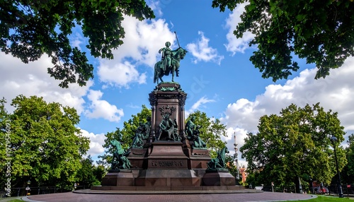 Monument depicts a bronze equestrian figure atop a tiered base, framed by leafy trees under a partly cloudy sky