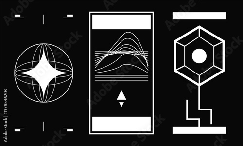 Hand-drawn retro futurist y2k aesthetic white geometric wireframe line art elements on black background illustration