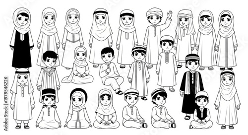Group of Muslim Children in Traditional Clothing.