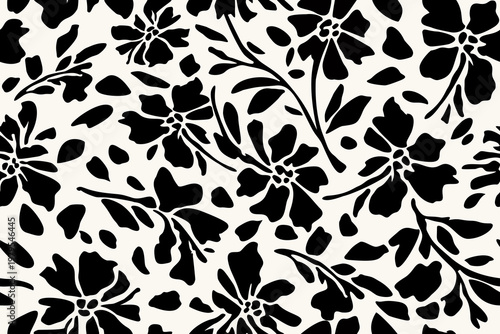 Seamless black floral pattern with bold abstract flowers and leaves on a light background, creating a modern, elegant design ideal for textiles and decor.

