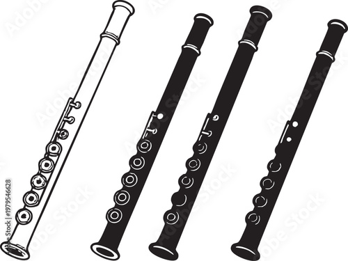 Black silhouette of a flute, a woodwind musical instrument, isolated on white background