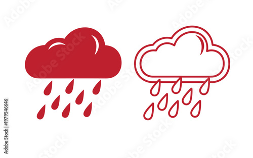 Red rain cloud filled and outlined, with raindrops weather symbol