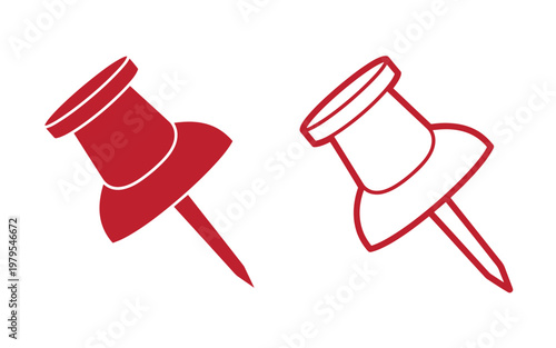 Red pushpin filled and outlined, on white background